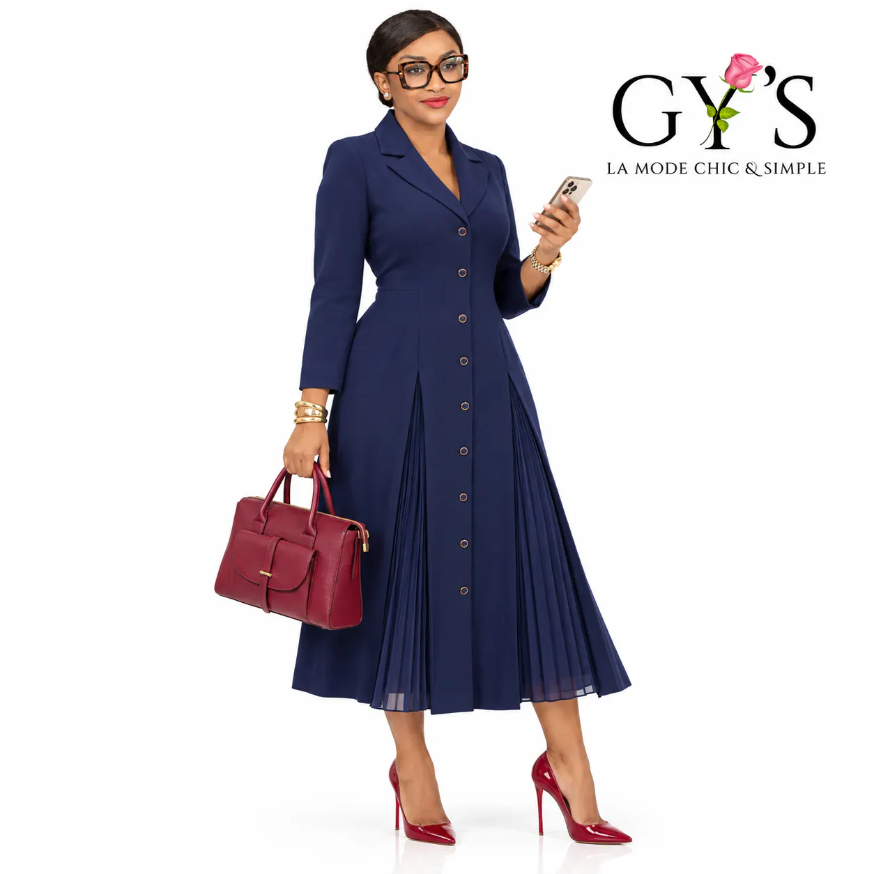 1017 - ROBE BLEU MARINE PLISS COTÉ — GY'S