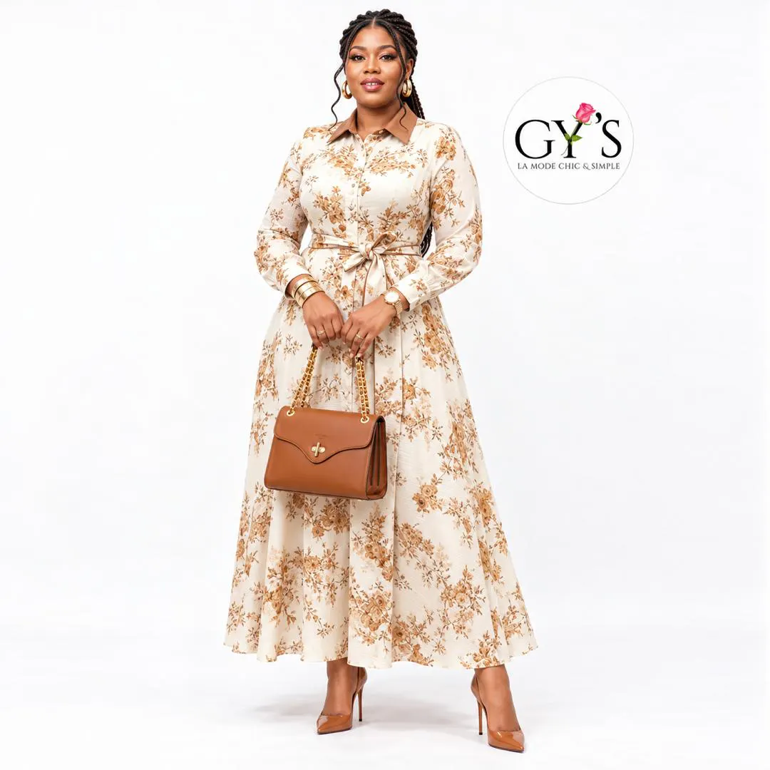 1227 - ROBE LGE FLEURIE BLC MARRON — GY'S